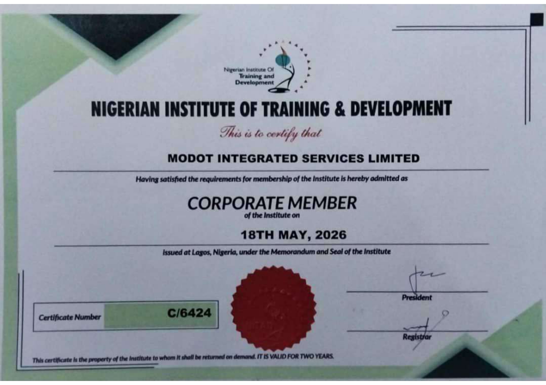 Corporate Member Certificate