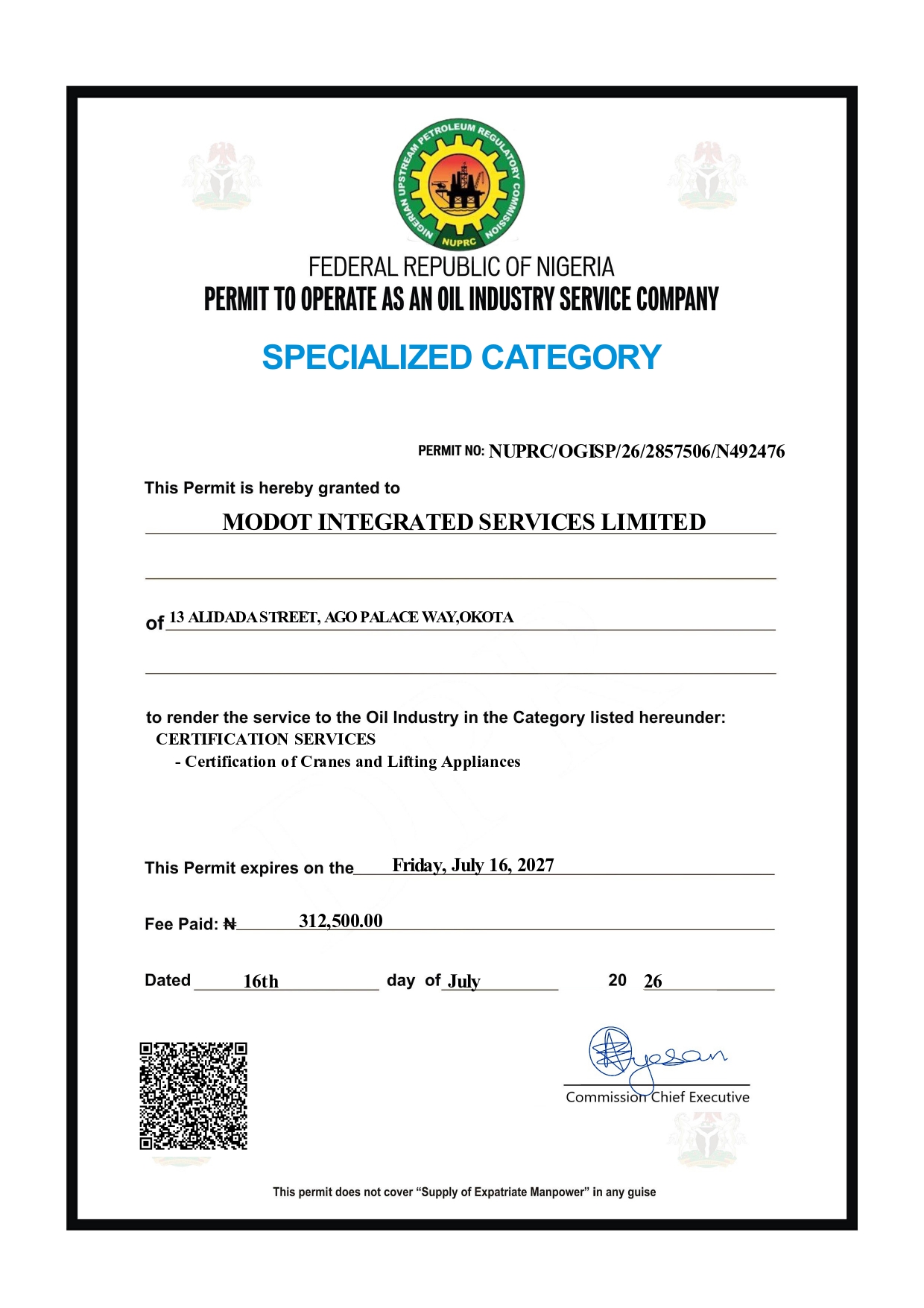 Permit to Operate as an Oil Industry Service Company