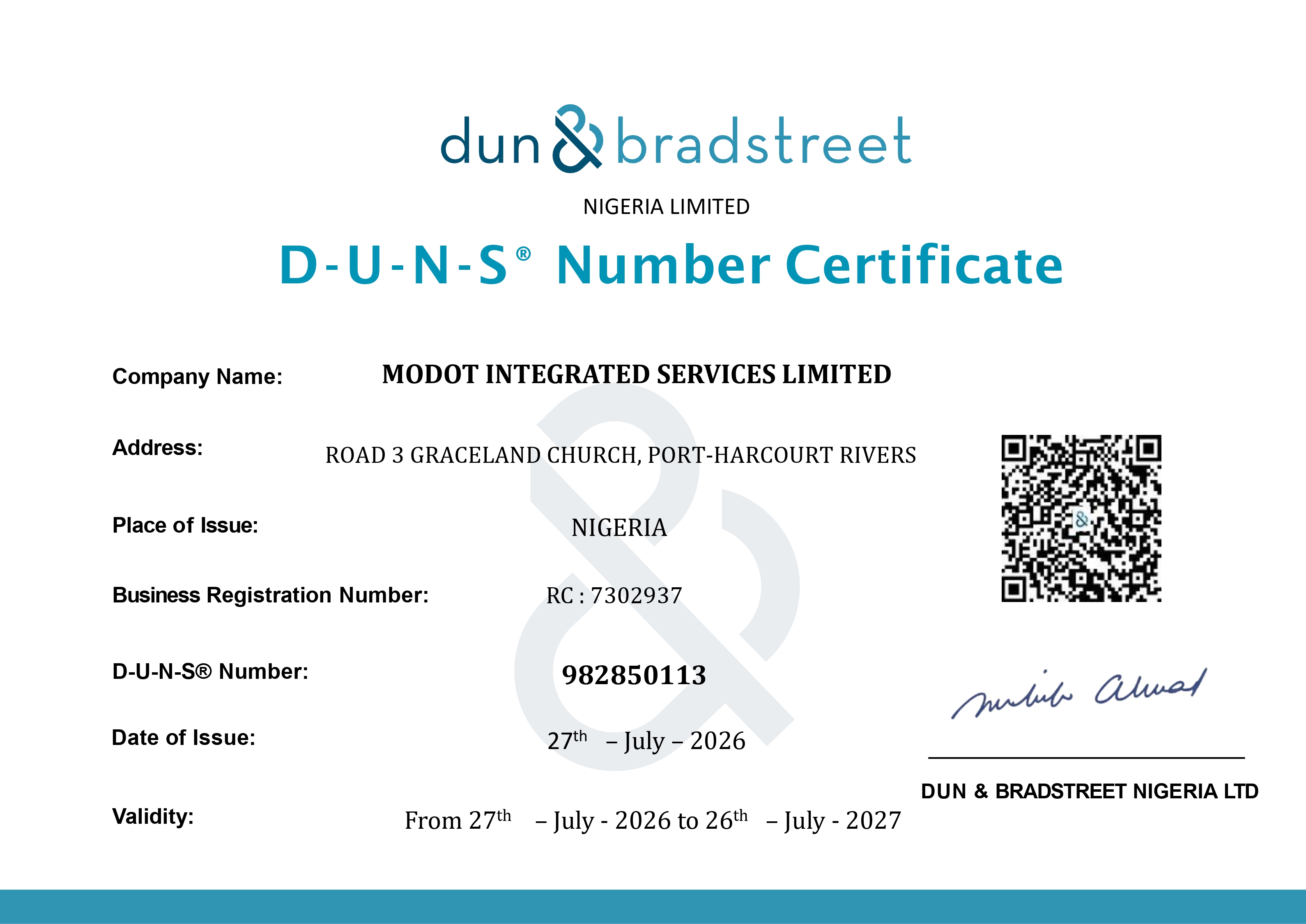 D-U-N-S Number Certificate