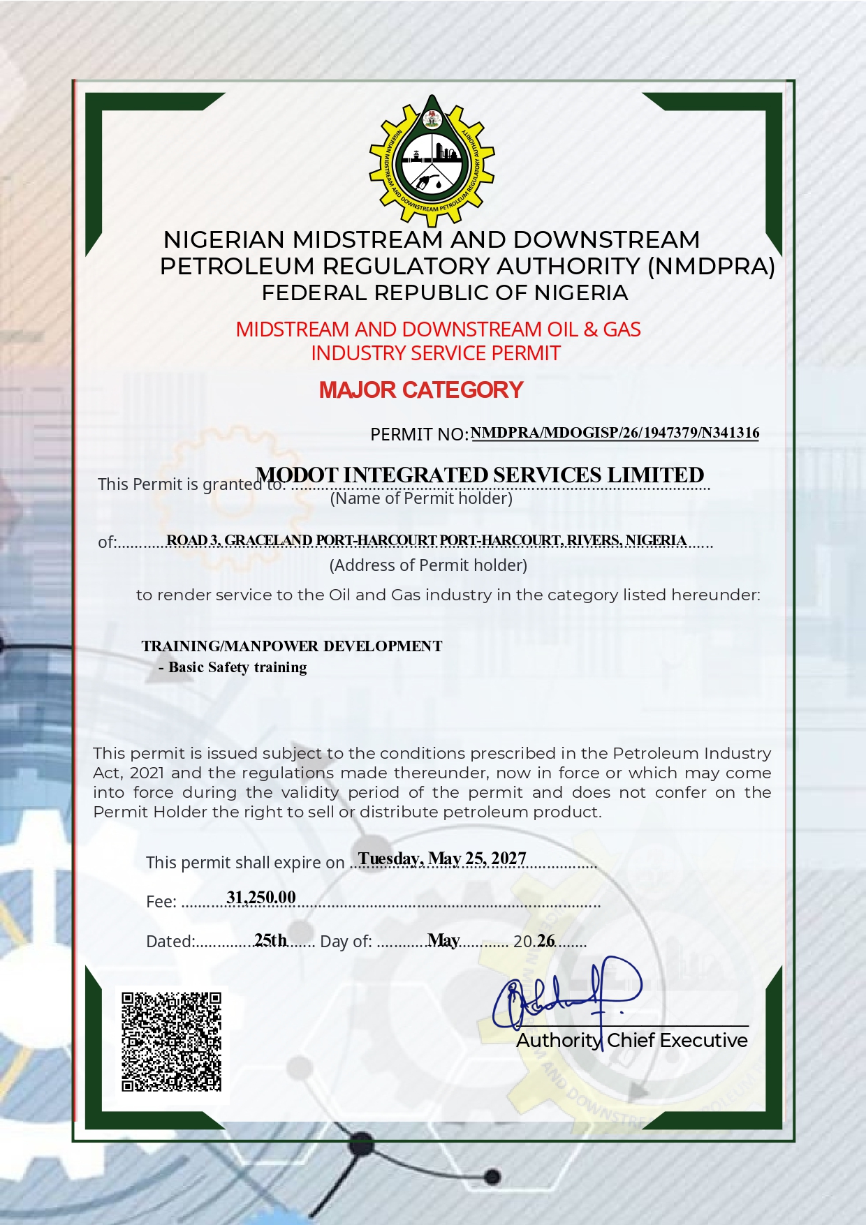 Midstream and Downstream Oil & Gas Industry Service Permit