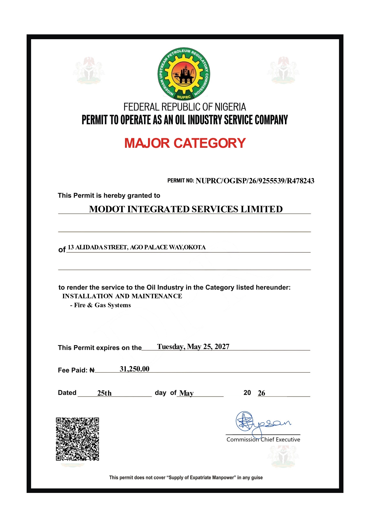Permit to Operate as an Oil Industry Service Company