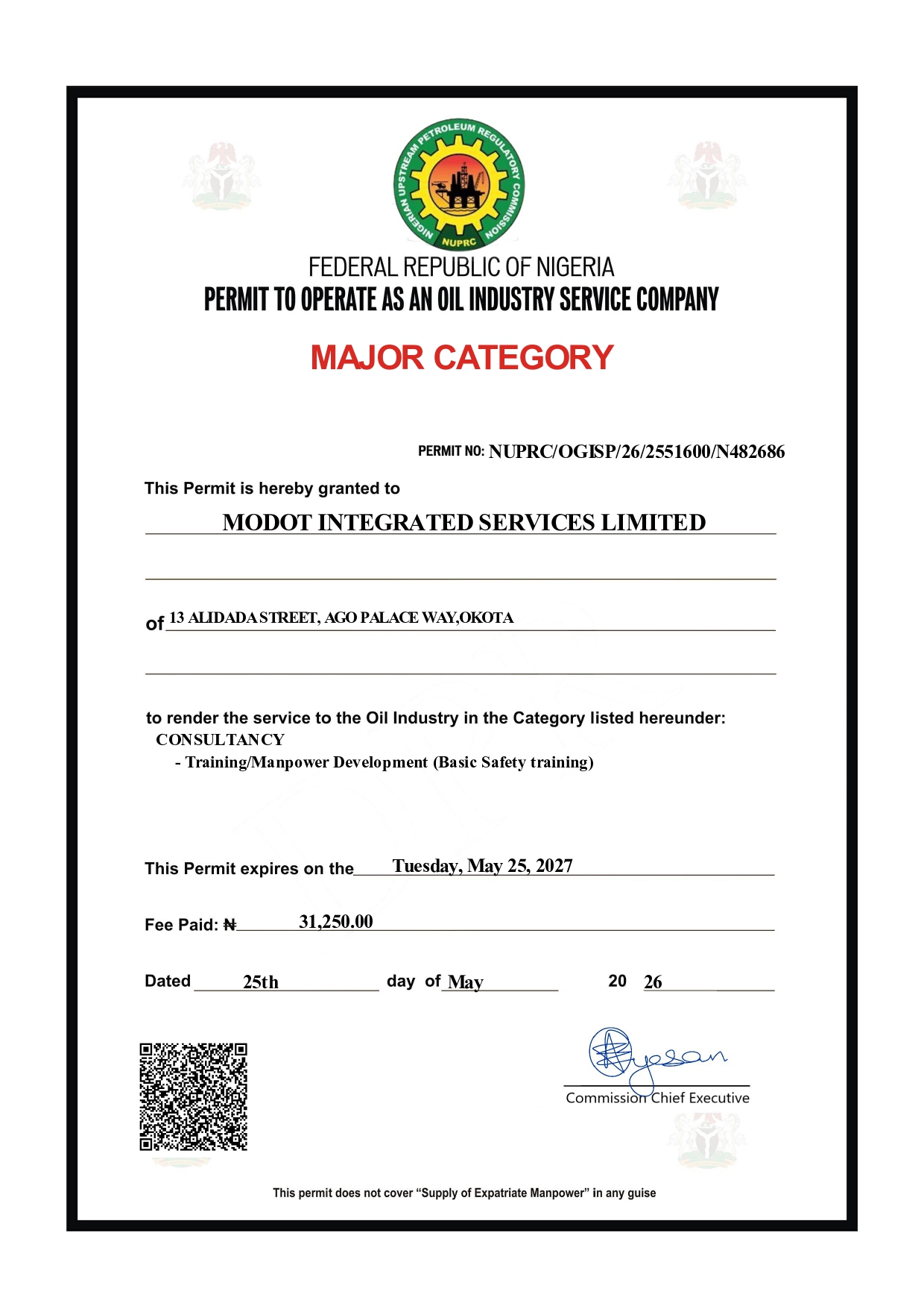 Permit to Operate as an Oil Industry Service Company
